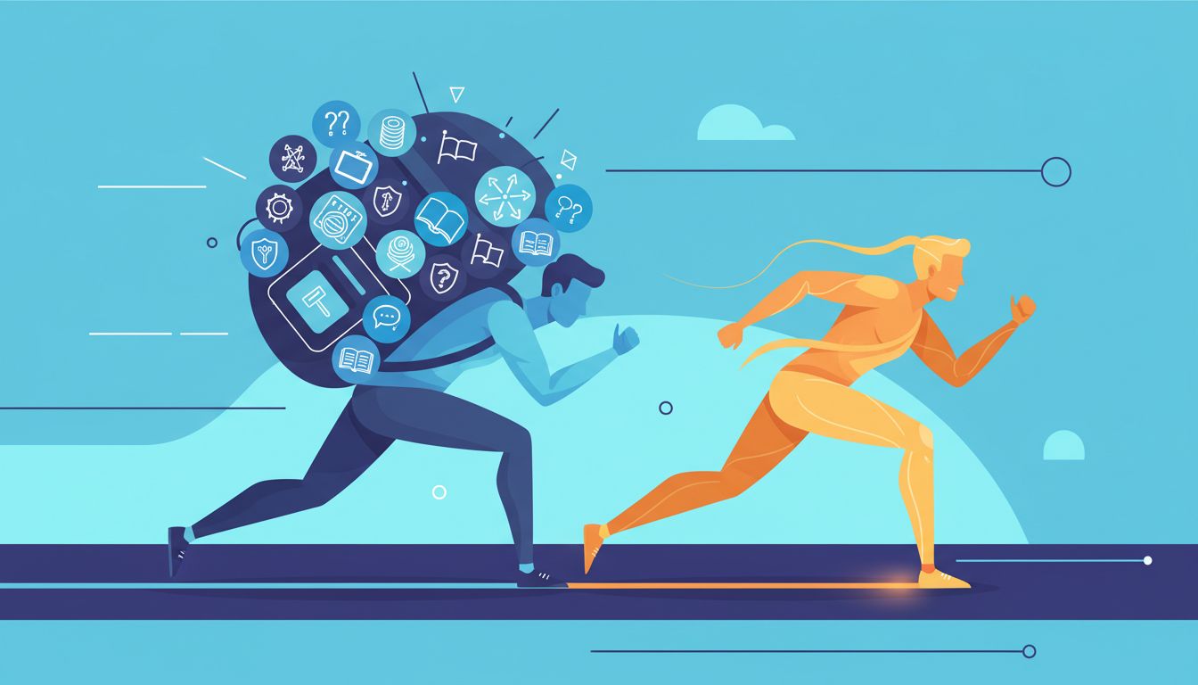 Illustration of two runners where the leader carries heavy obligations while the second runner moves freely