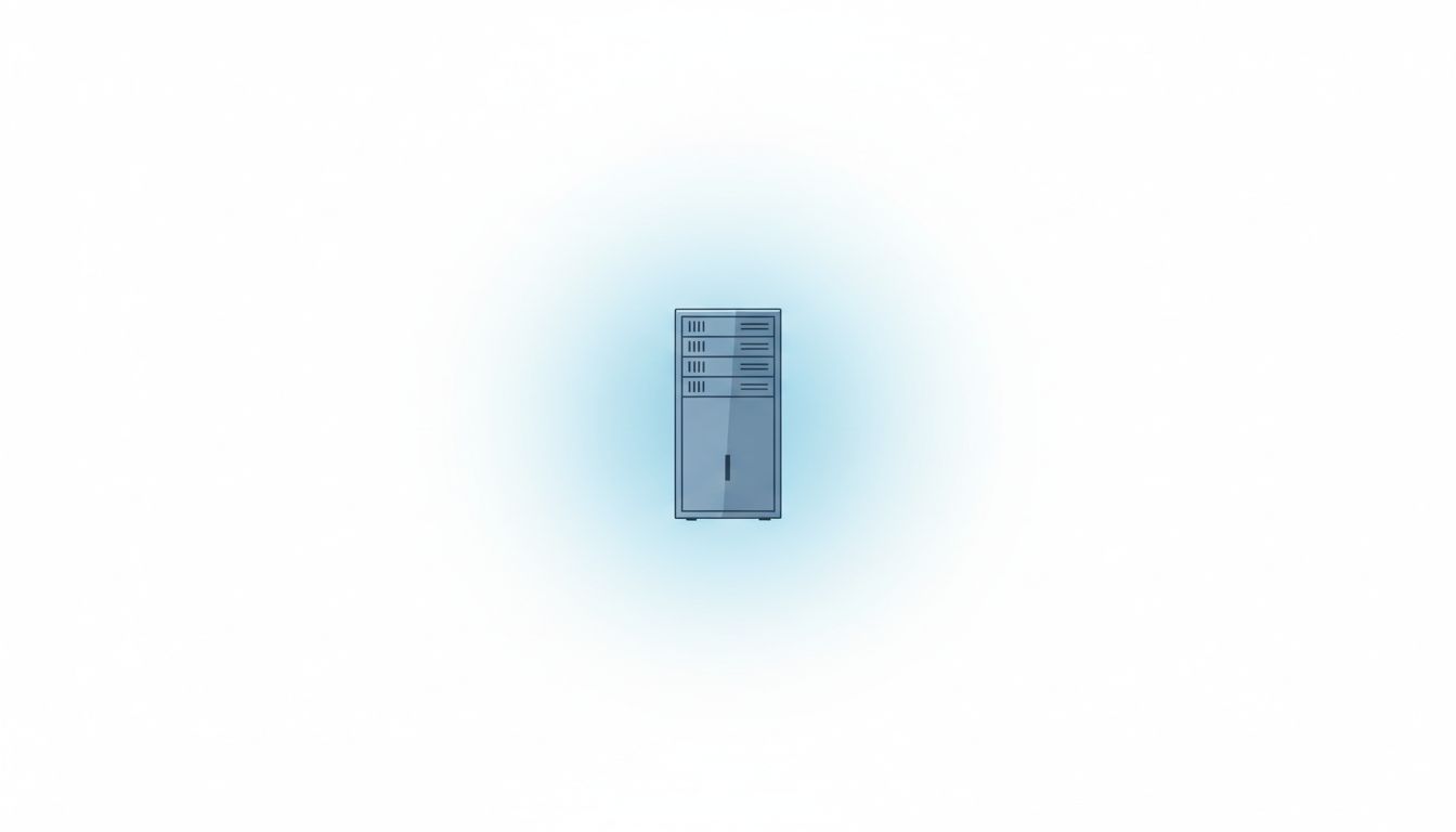 A lone server standing in empty white space with a faint glow, suggesting quiet but critical importance