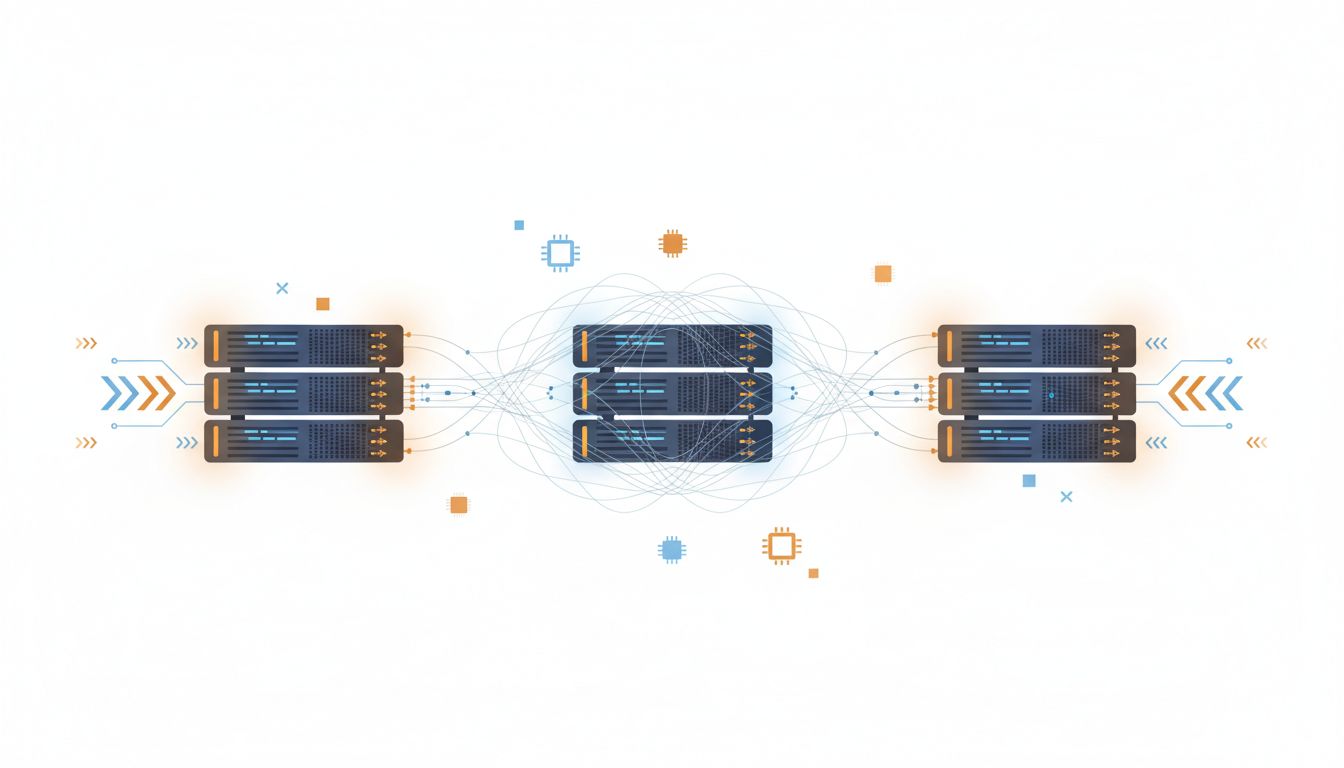 Diagram showing active servers flanking a dark idle server whose hidden connections run to every other node