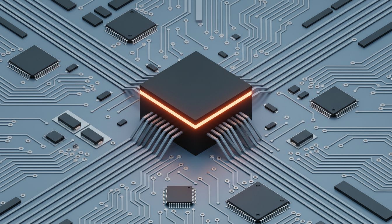 A complex circuit board surrounding an opaque black box at its center, suggesting a system that works but cannot be understood