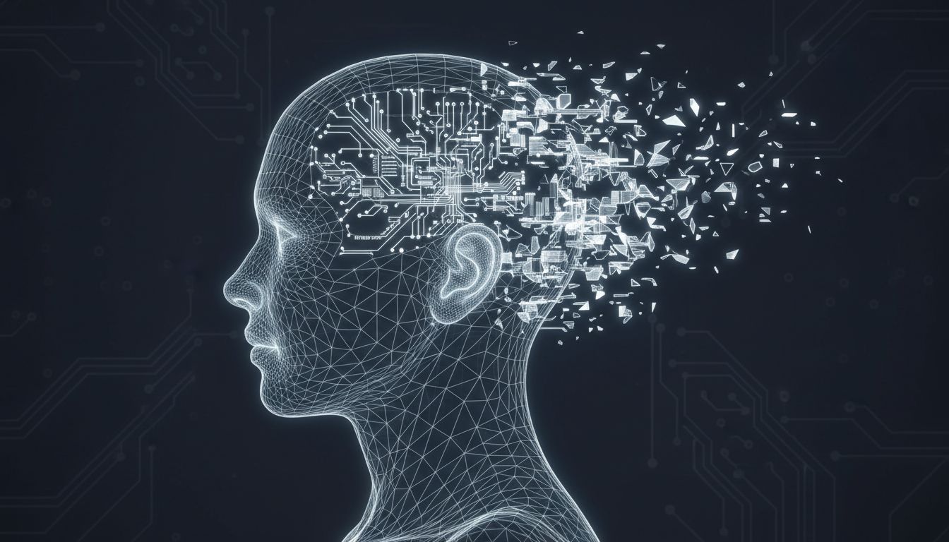 Abstract illustration of a human mind's internal model of a system fragmenting into disconnected pieces