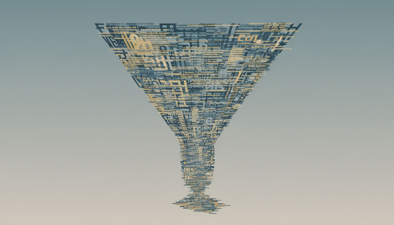 Illustration of an over-complicated prompt funnel producing a distorted, diminished output