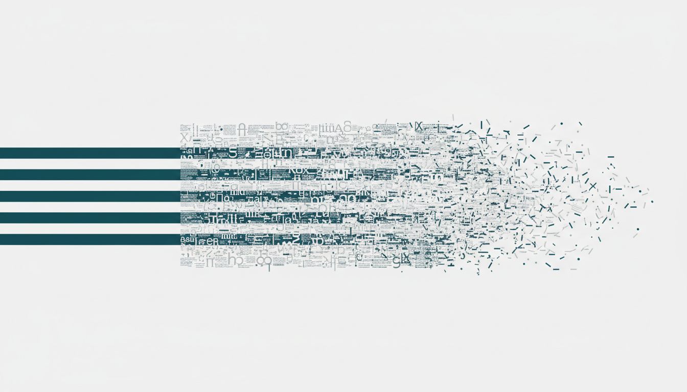 Diagram showing a clear signal degrading into noise as it passes through layers of complex instructions