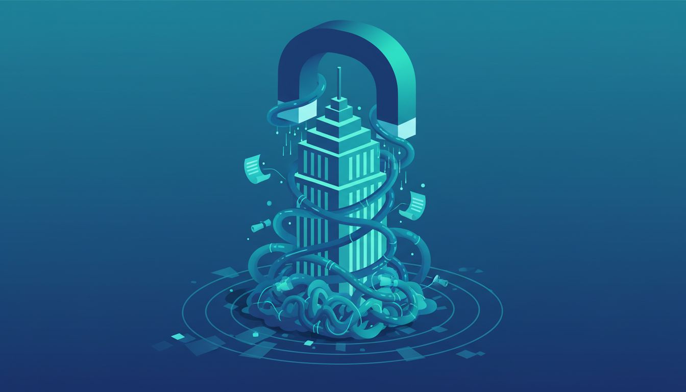 Abstract illustration of vendor lock-in as a magnet holding a company in place with cables and contracts