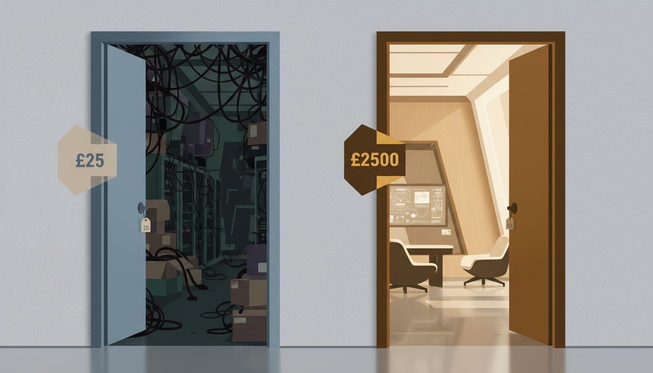 Two doors representing different pricing strategies, with the higher-priced path leading to a brighter interior