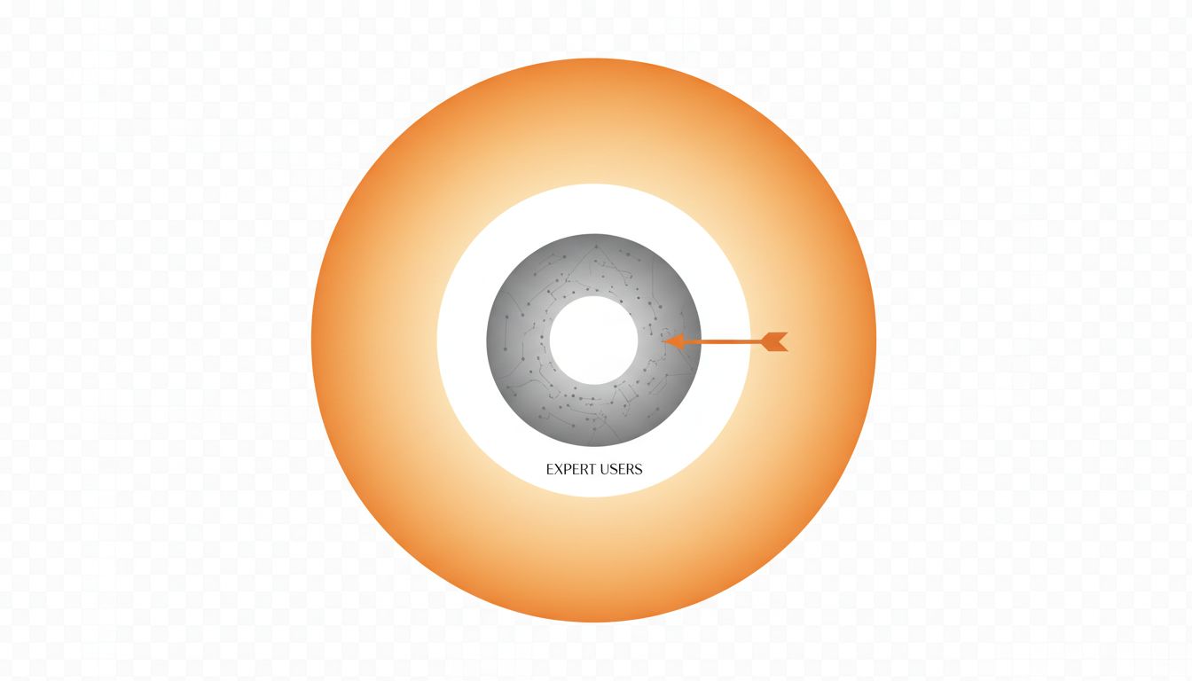 Diagram showing a small inner circle of expert users surrounded by a much larger outer ring representing the untapped market