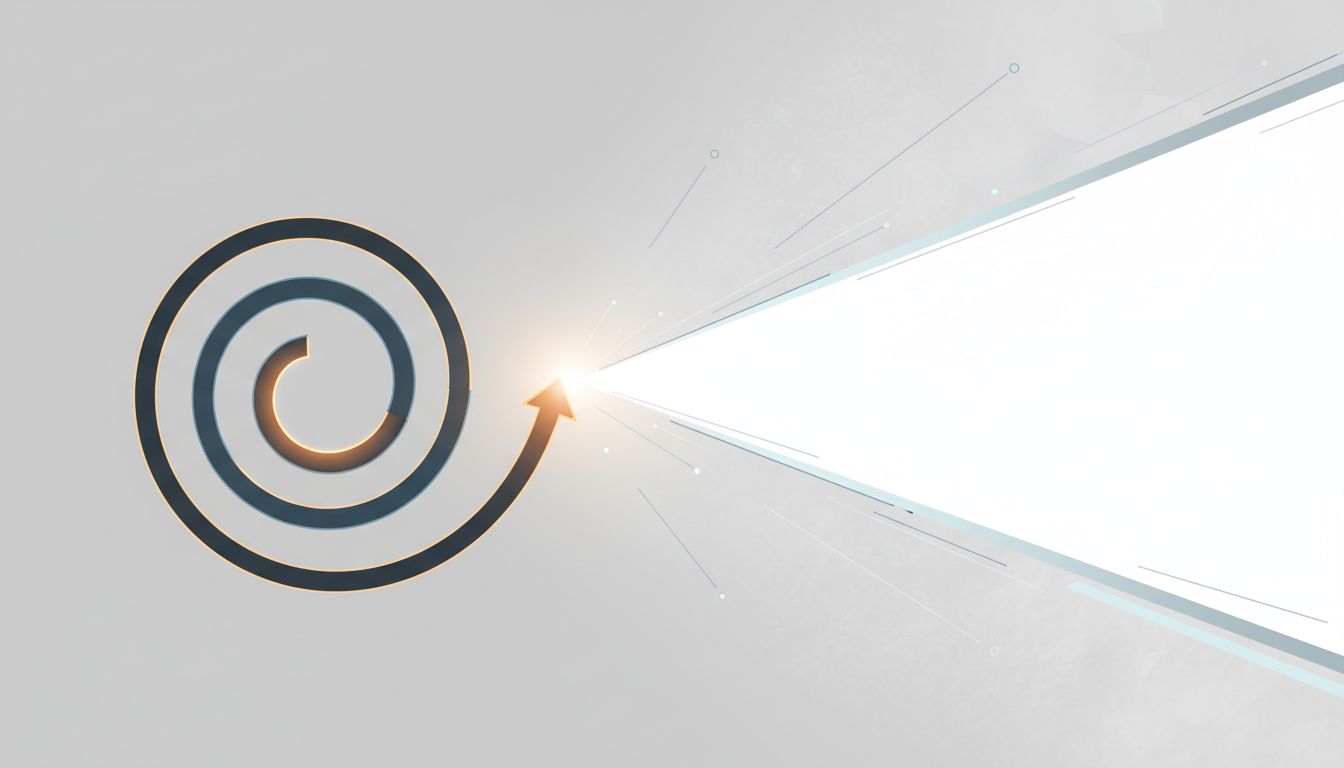 Two diverging paths from a single point, one looping back and one extending outward into open space