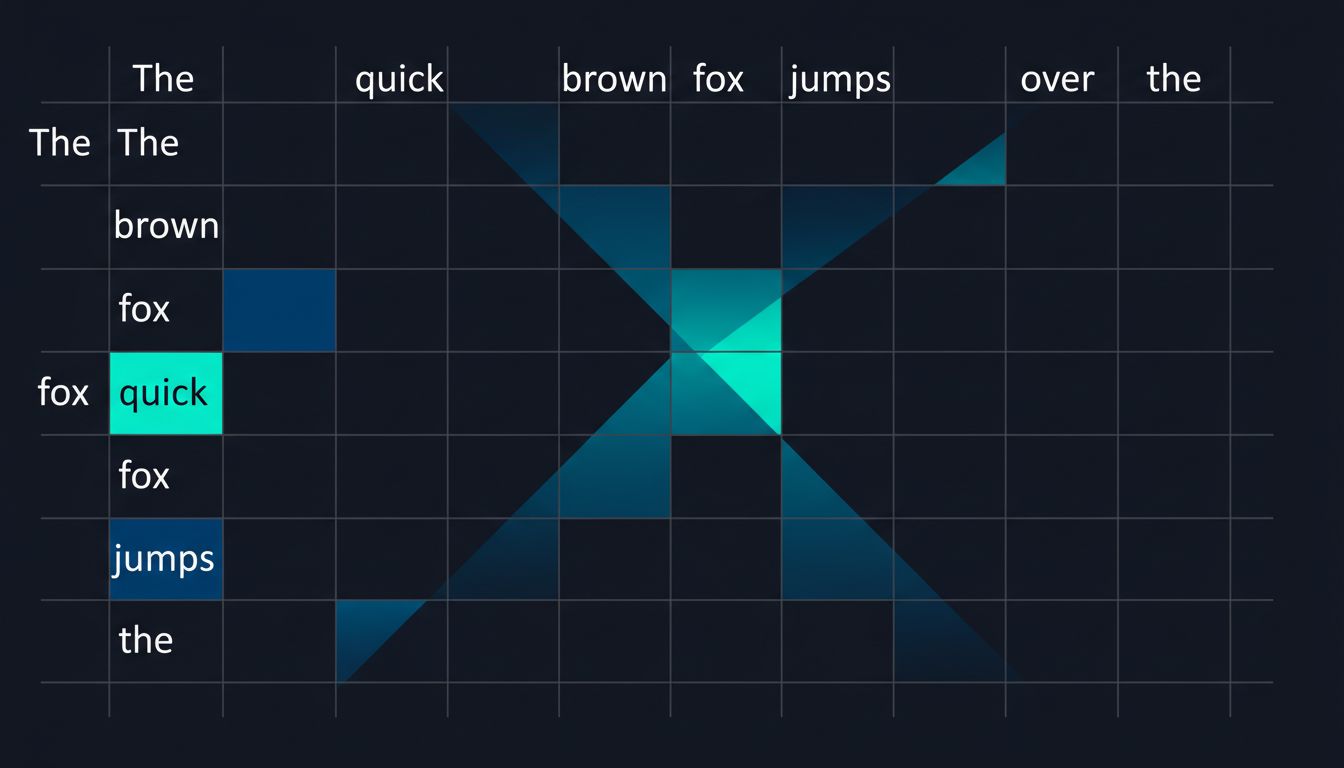 Attention weight heatmap showing how words in a sentence relate to each other during transformer processing