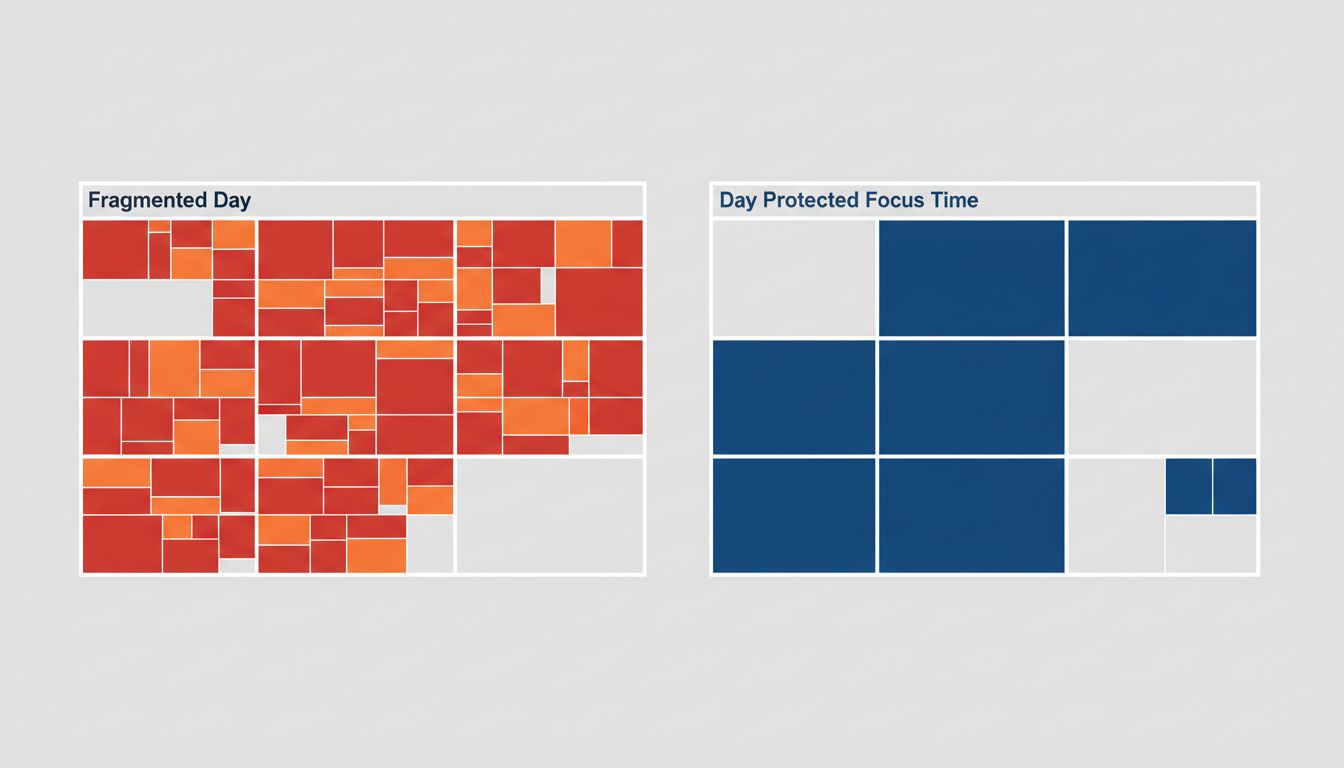 Two calendar grids showing fragmented workday filled with meetings versus a protected schedule with large uninterrupted focus blocks