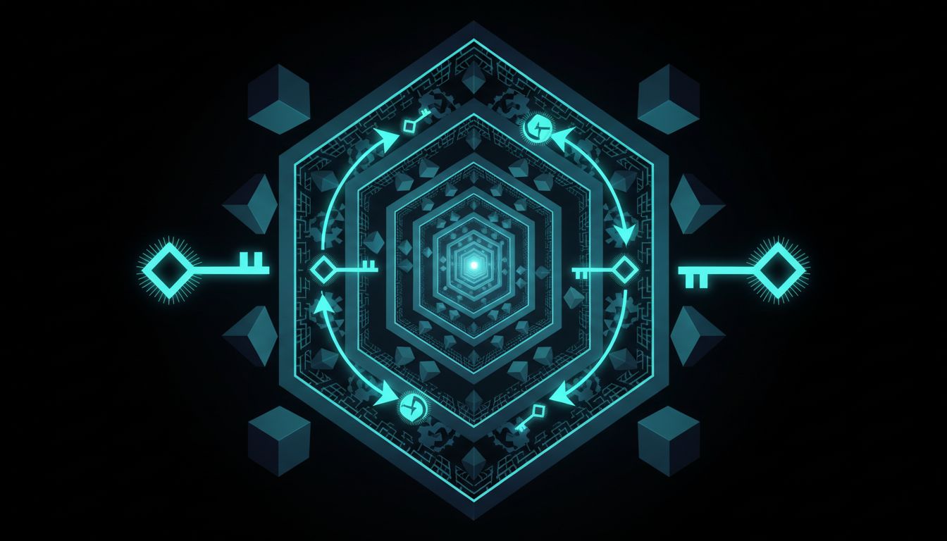 Abstract illustration of a TLS cryptographic handshake as interlocking geometric forms