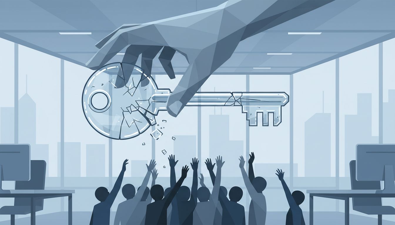 Glass key cracking above reaching users, illustrating the fragility of software ownership