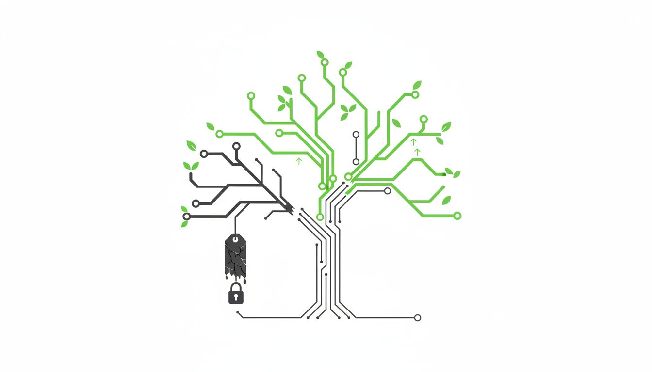 Diagram of open source fork branching where one branch survives acquisition while another withers