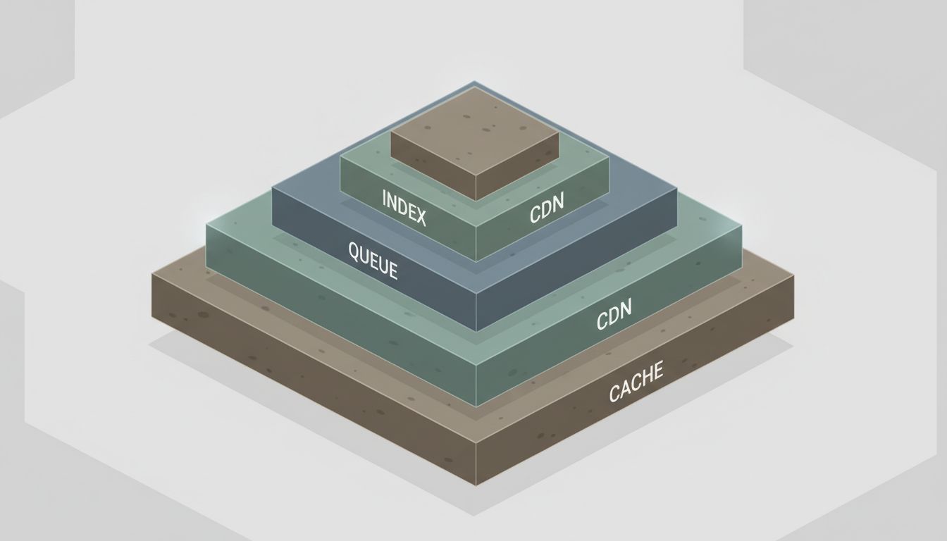 Layered diagram showing performance optimizations stacking into a heavier and heavier system