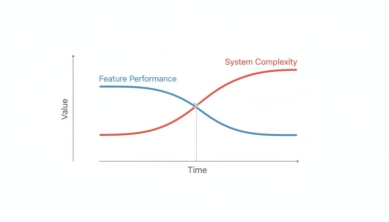 Chart showing feature performance improving while system complexity grows faster in the opposite direction