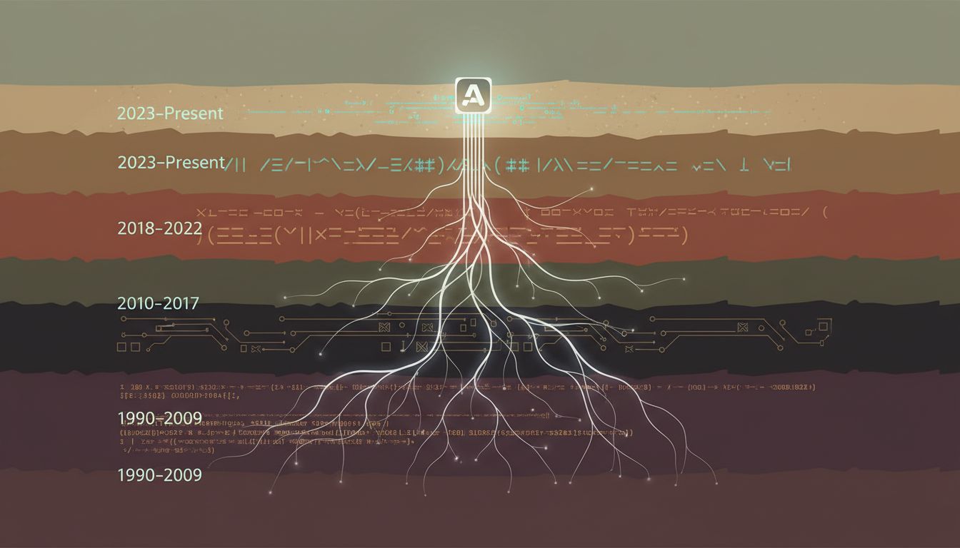 Cross-section illustration showing software layers like archaeological strata, with a feature's hidden dependencies extending deep below the surface