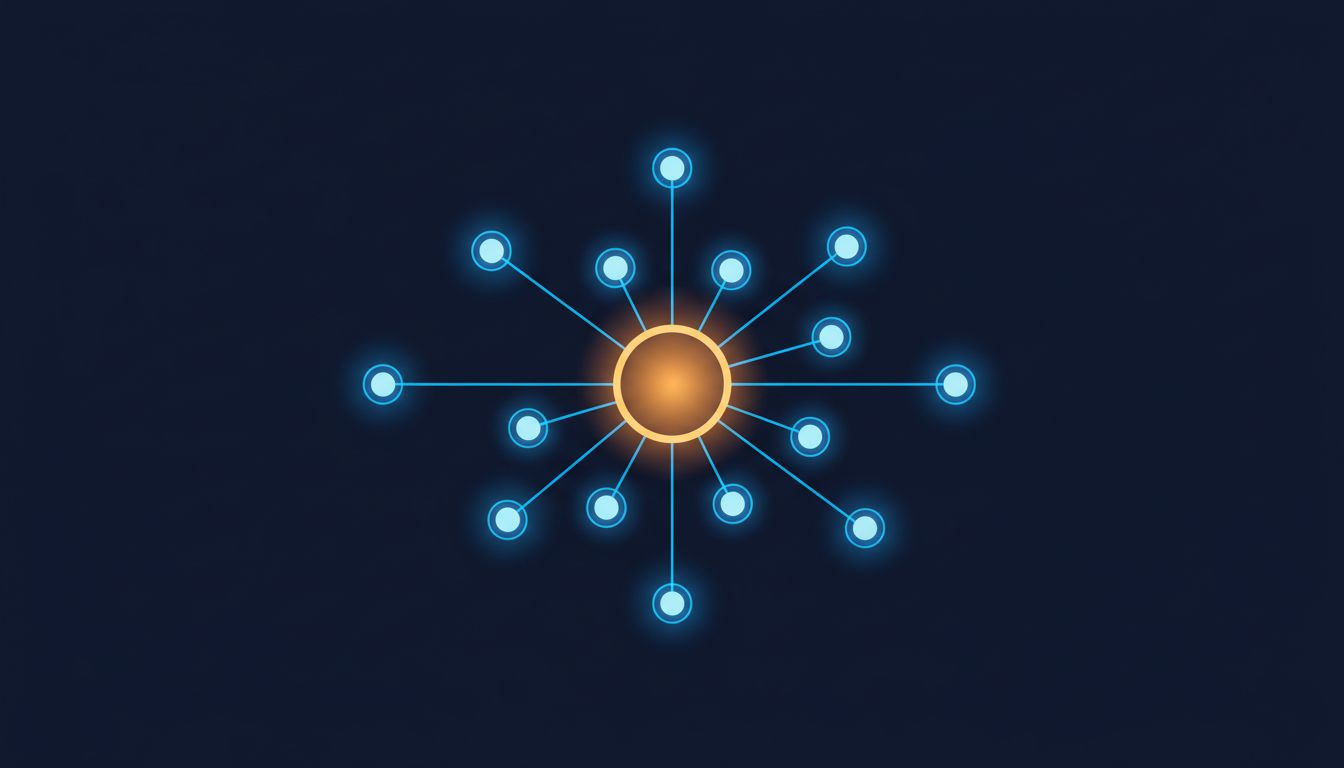 A chain of connected server nodes with one central bottleneck node highlighted as a point of failure