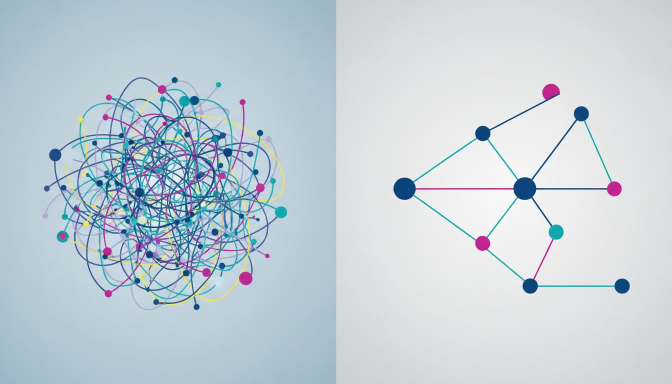 Side-by-side comparison of a complex tangled architecture versus a simplified clean architecture with fewer nodes