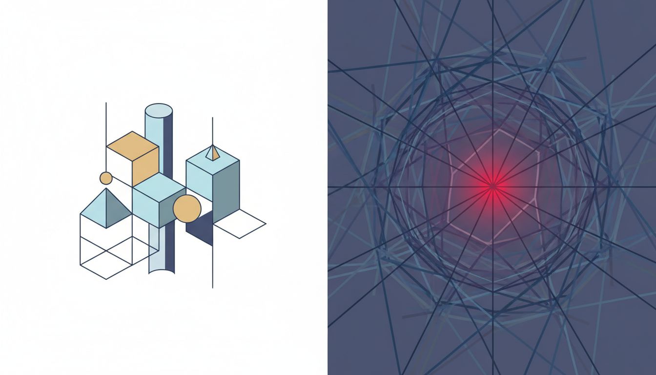 Abstract illustration contrasting clean code creation with tangled production debugging
