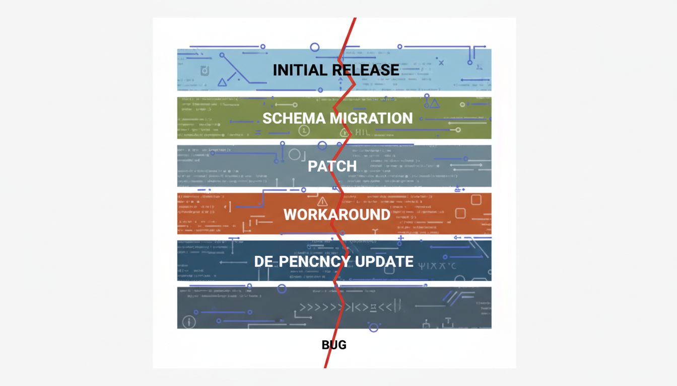 Cross-section diagram showing software complexity layers like geological strata with a vertical crack representing a production bug