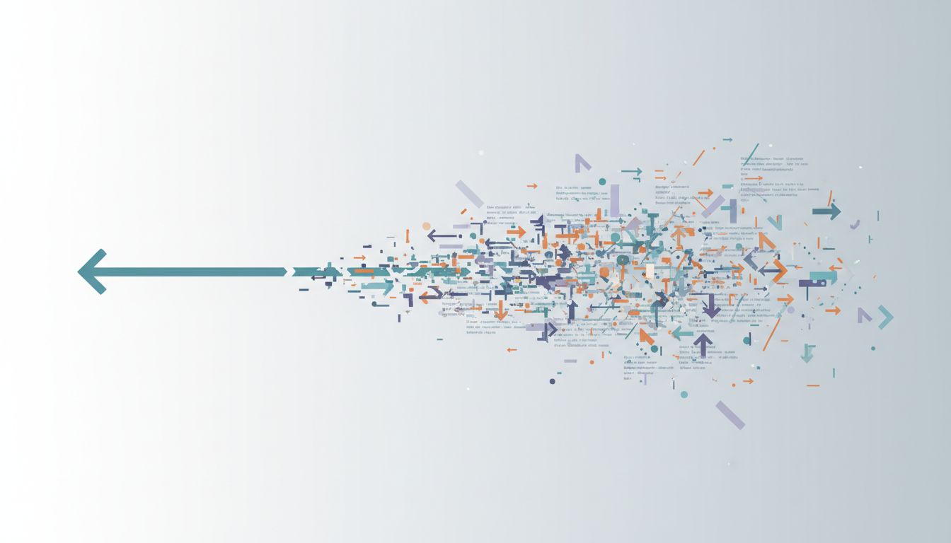 Abstract illustration of a clear signal becoming fragmented noise, representing how long prompts dilute instruction clarity