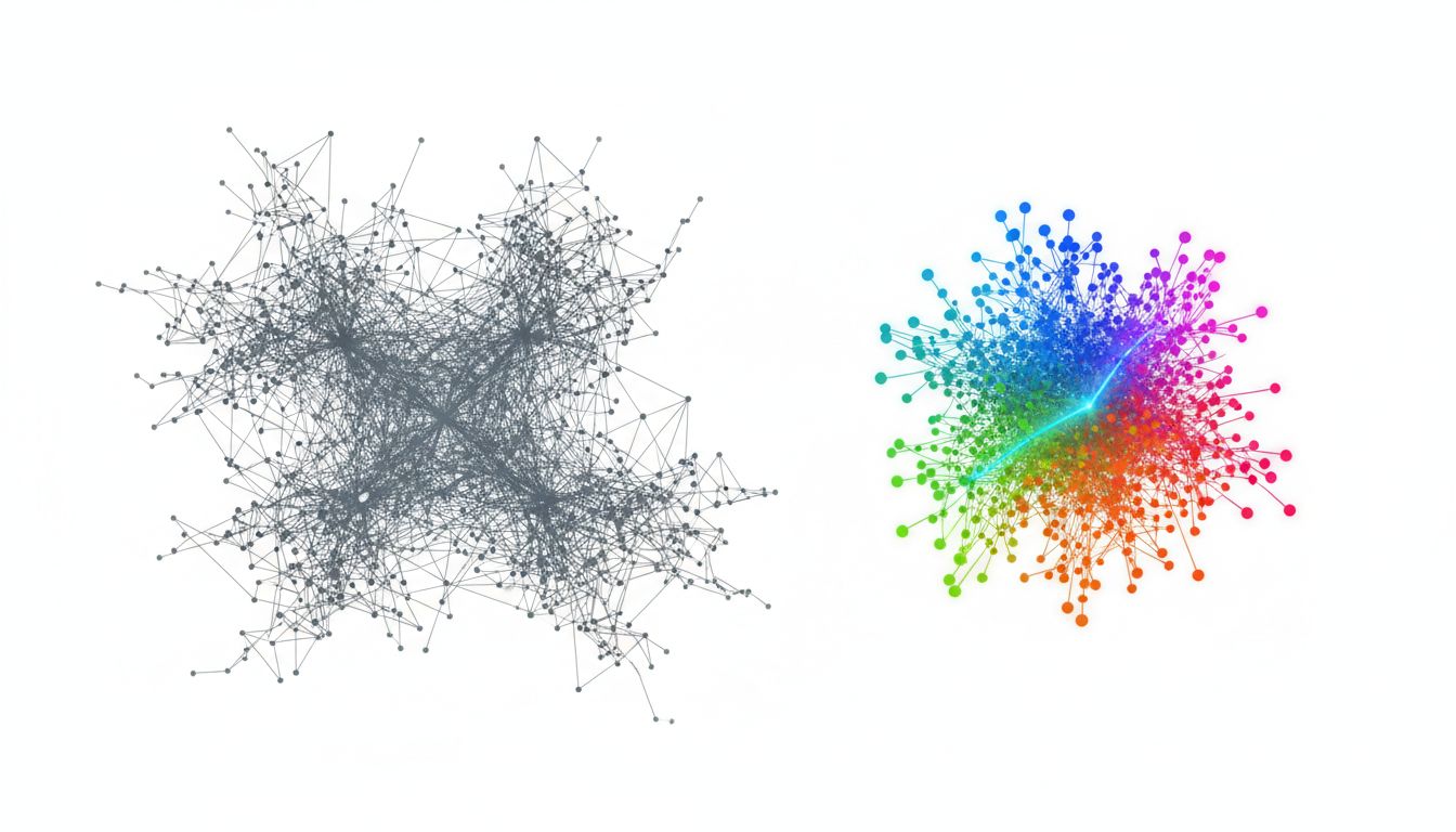 Illustration comparing a large diffuse neural network to a smaller, more focused one with a clear signal path