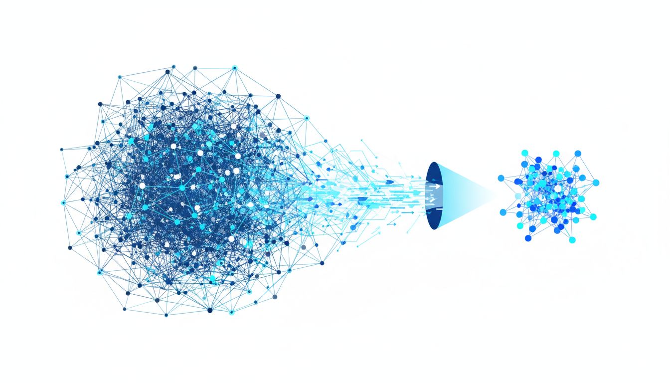 Illustration of a large neural network being compressed into a smaller, more focused model