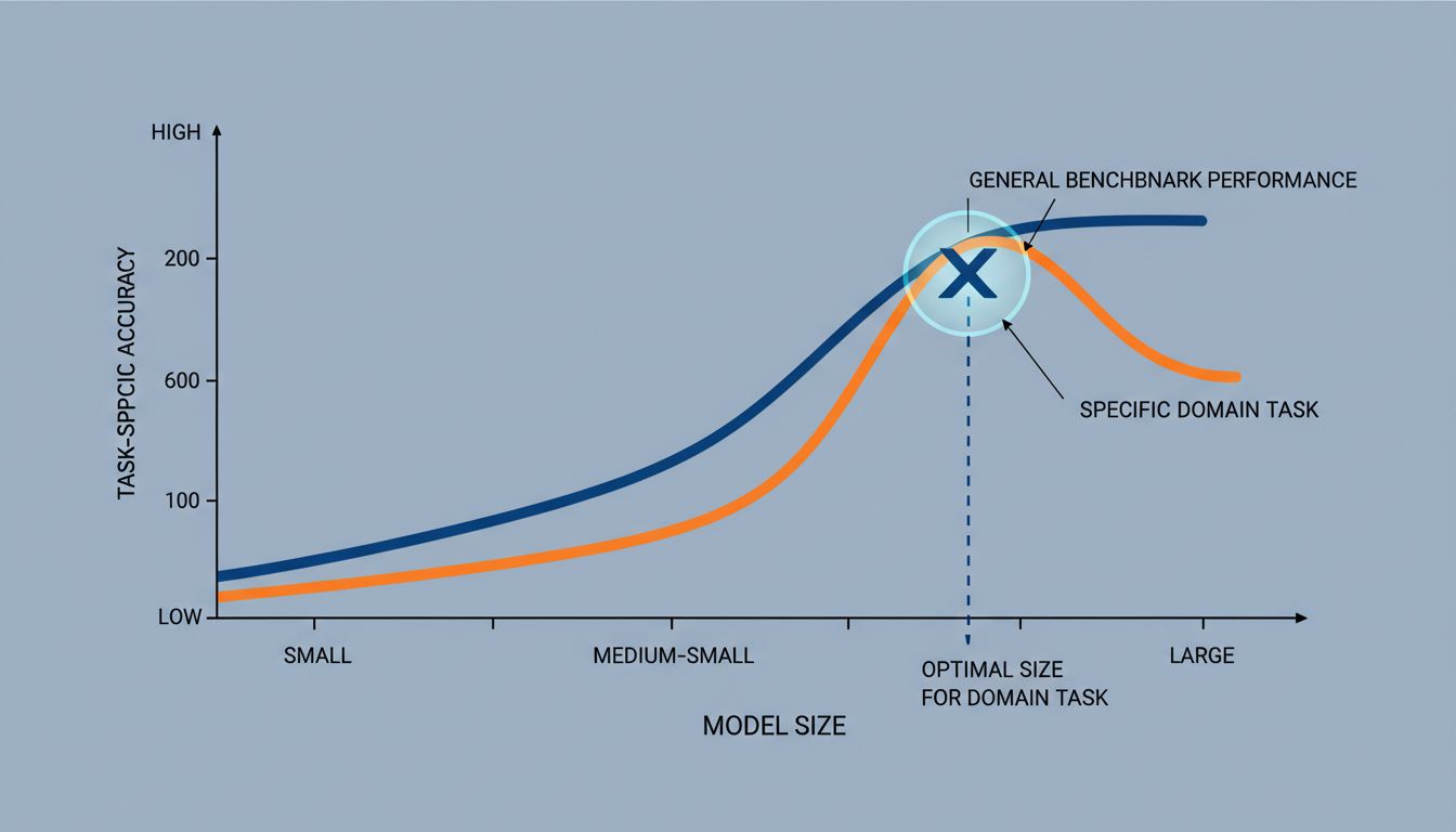 Chart showing that task-specific accuracy peaks at smaller model sizes while general benchmarks keep rising