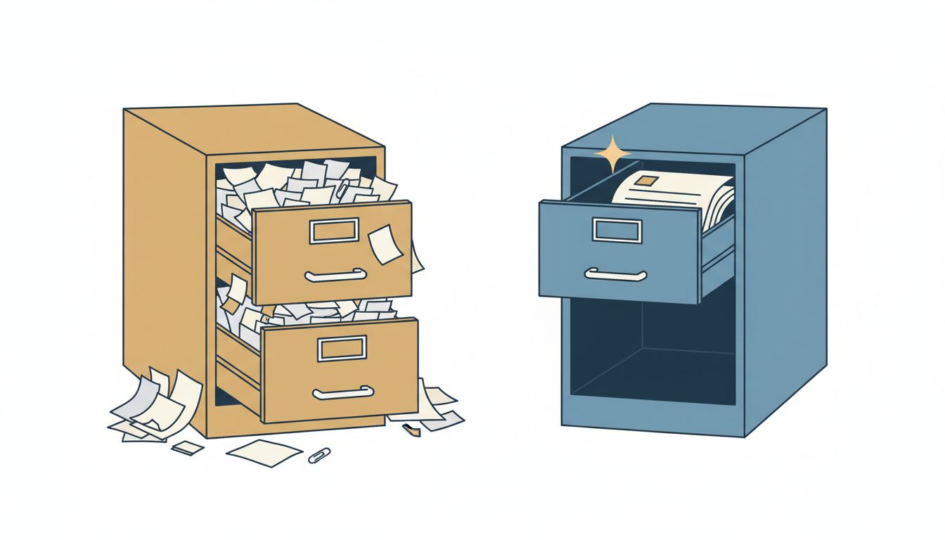 Two filing cabinets side by side, one overflowing with paper, one nearly empty with a single valued document