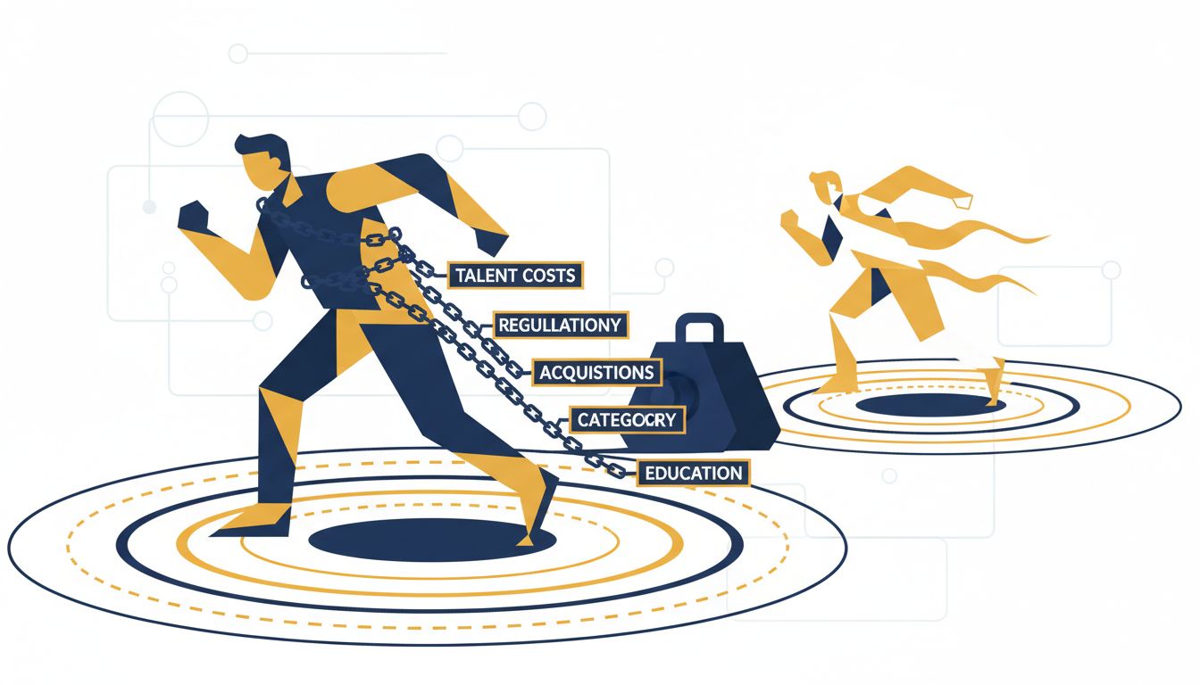 Illustration of a market leader weighed down by structural costs while the second-place competitor runs freely