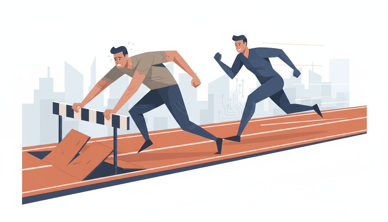 Illustration of a first mover clearing obstacles while a second runner follows the cleared path