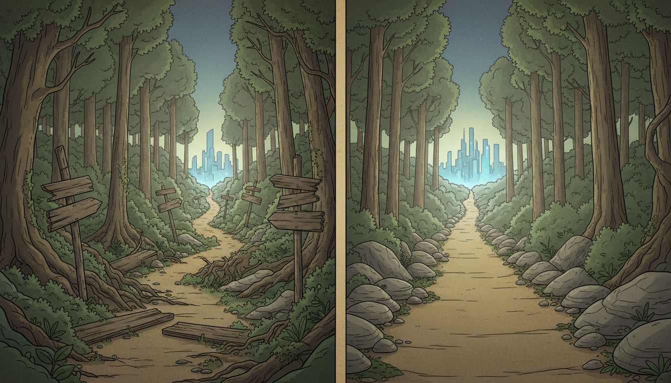Illustration of two paths through a forest, the first rough and exploratory, the second cleaner and more direct