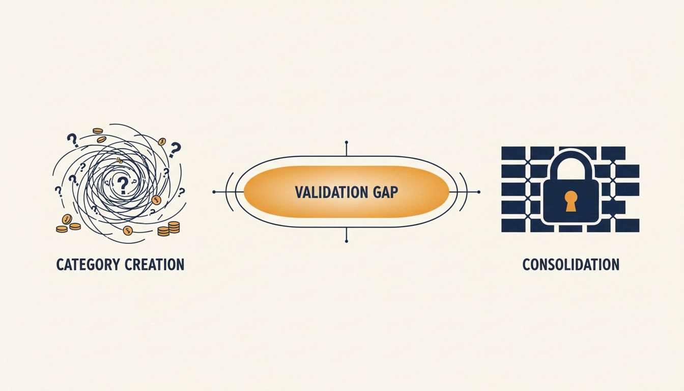 Diagram showing the validation gap between category creation and market consolidation