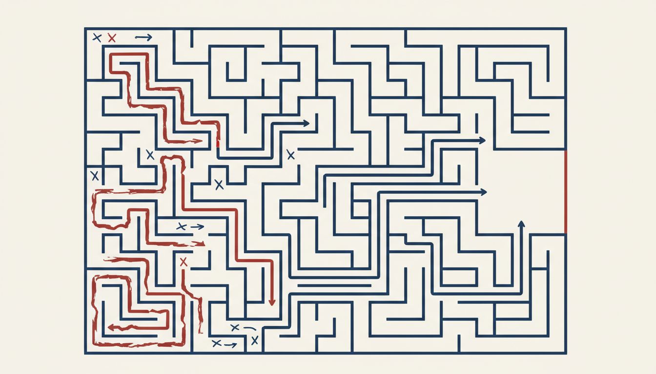 Illustration of two paths through a maze, where the second benefits from the first's markings and mistakes