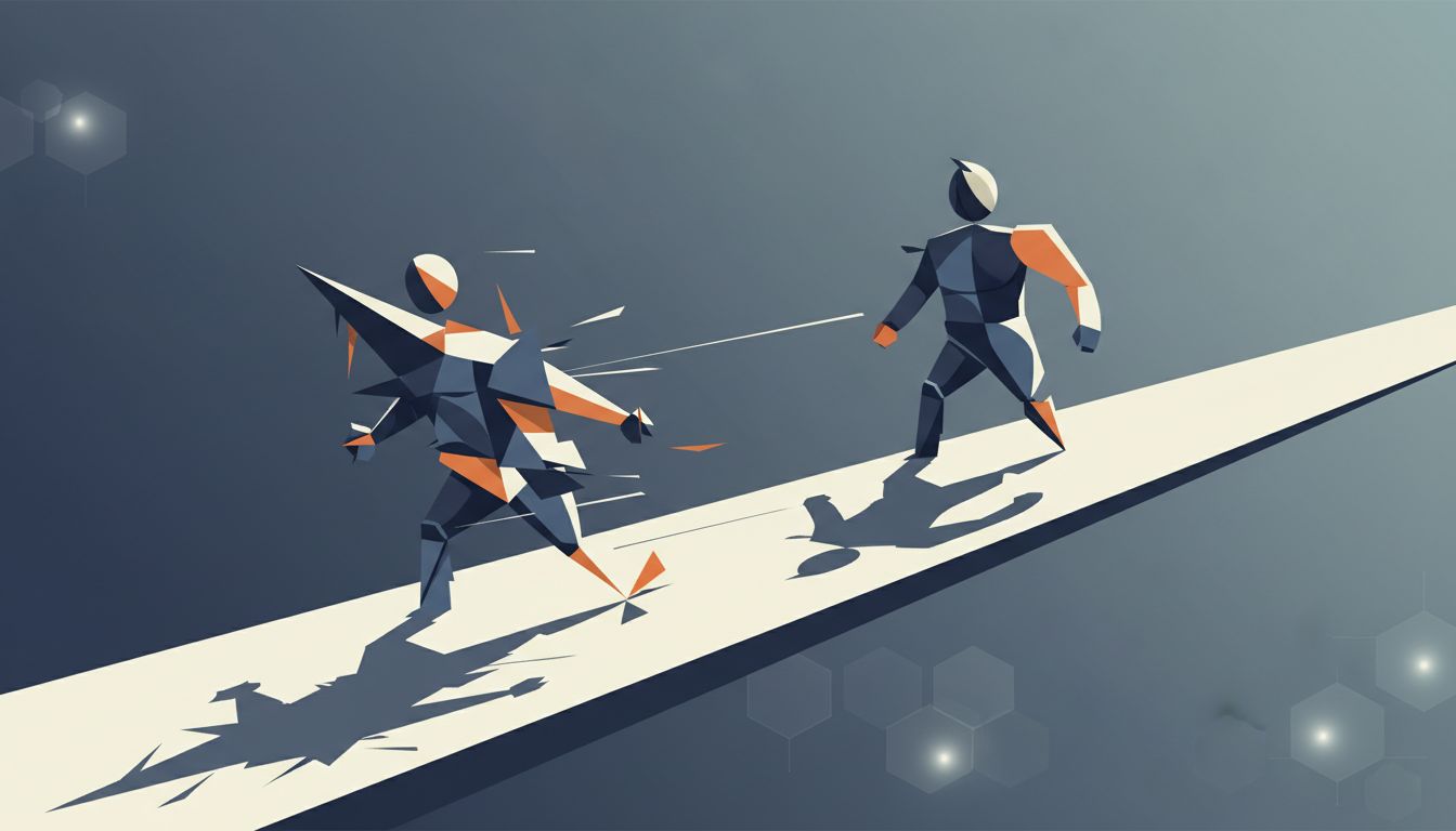 Abstract illustration of two runners where the trailing figure casts a larger, more stable shadow
