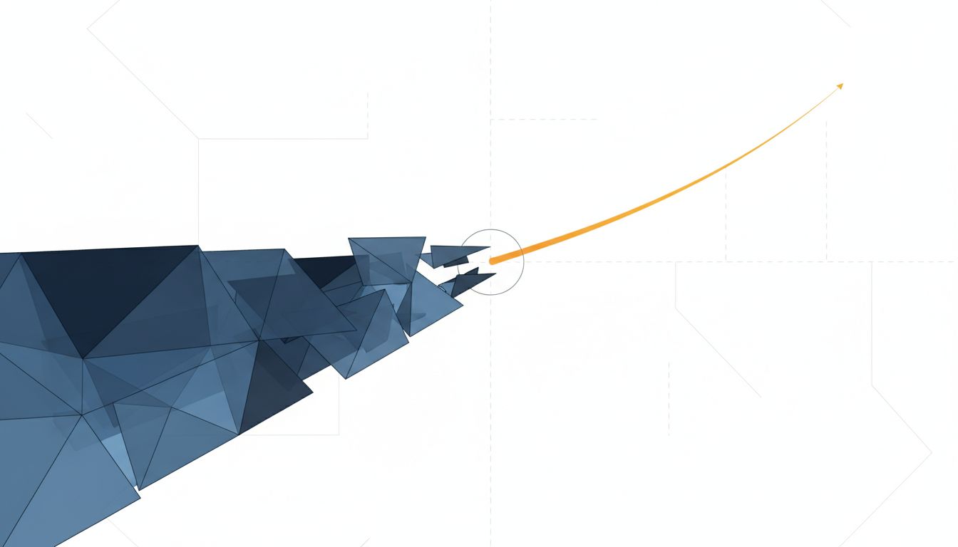 Diagram showing two diverging paths where the dominant wider path is increasingly constrained by walls closing in from both sides