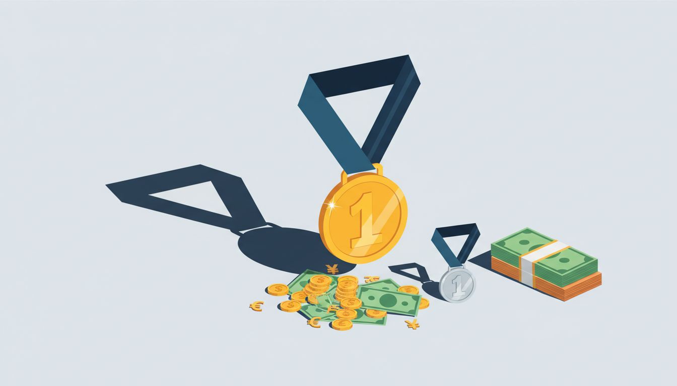 Gold trophy casting a shadow over coins while a silver medal rests beside a clean stack of cash