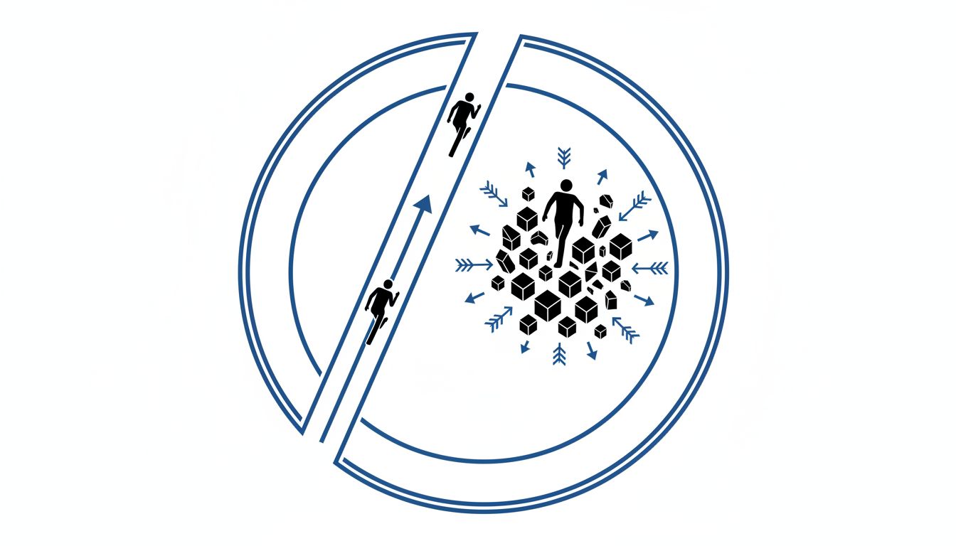 Overhead diagram of two runners, the leader surrounded by obstacles and the second runner with a clear path