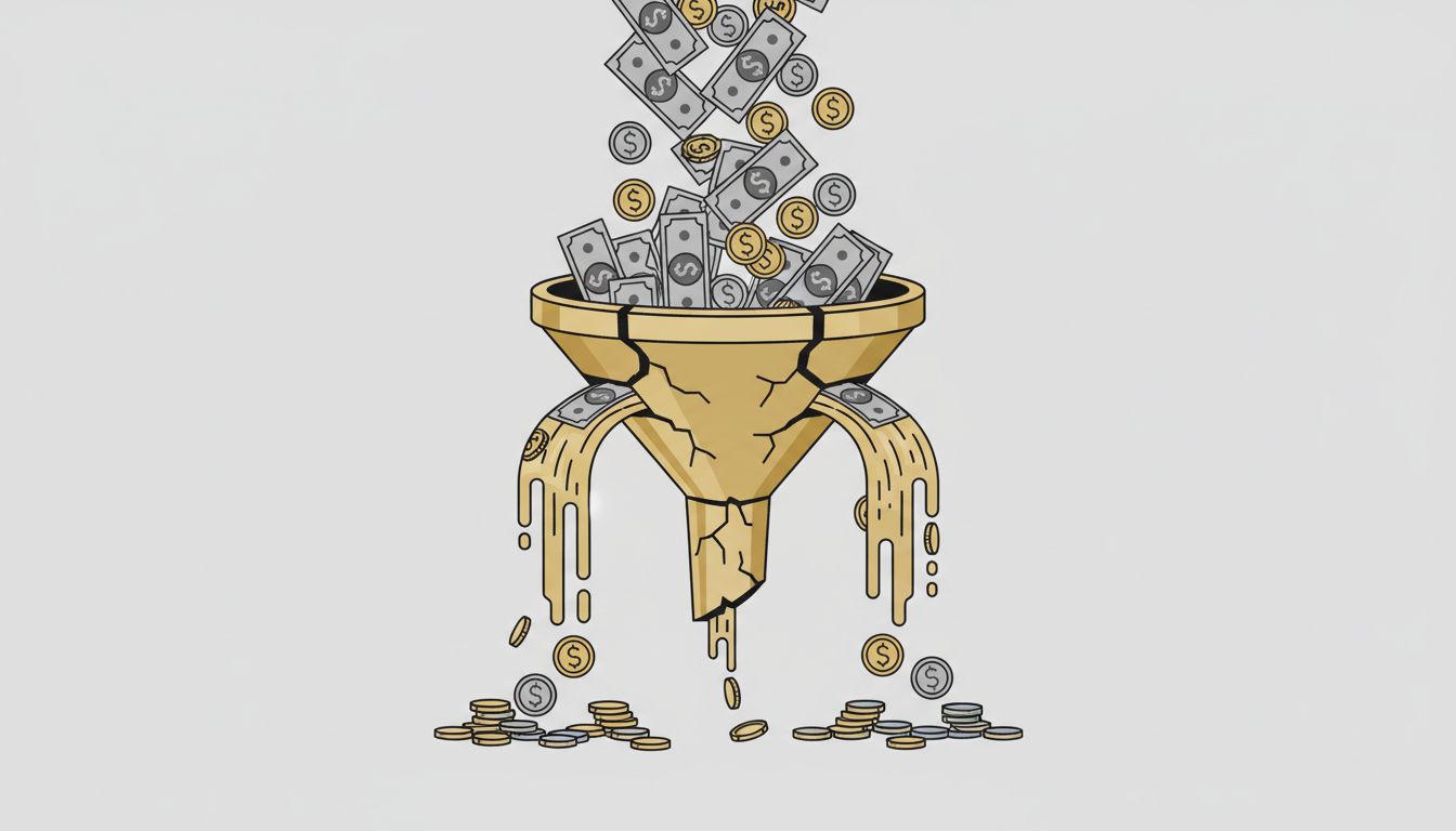 A cracked funnel leaking money, symbolizing how large capital raises often lead to wasteful spending rather than efficient growth