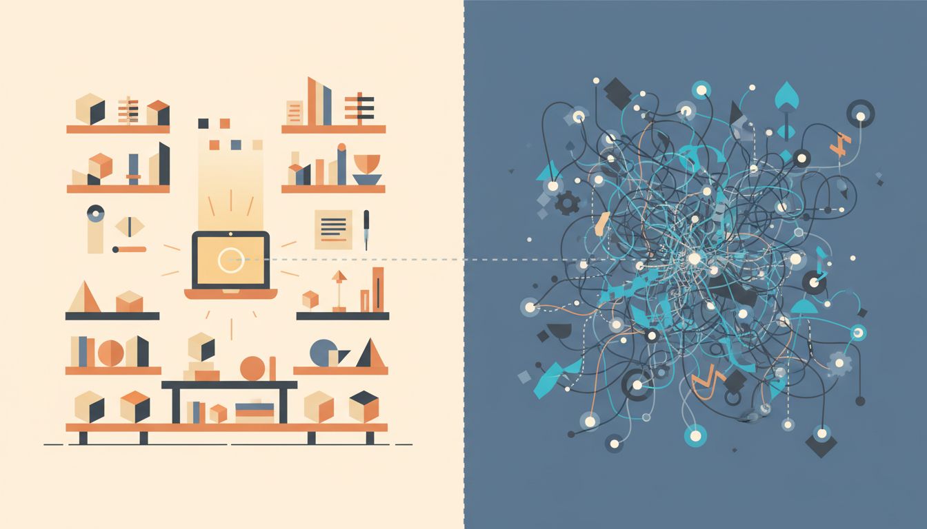 Abstract illustration contrasting a controlled local development environment with a complex, constrained production environment