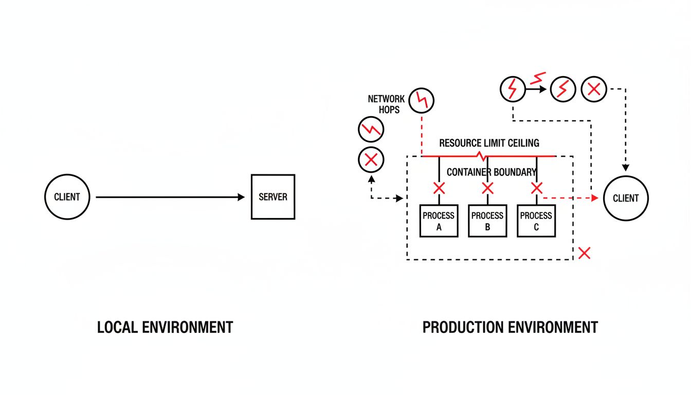 Diagram comparing a request path through local development versus a production environment with network latency and resource constraints