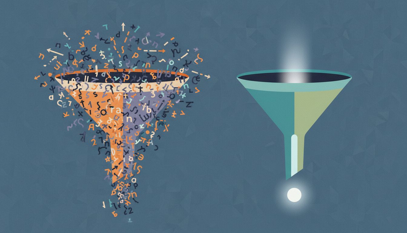 Two funnels contrasting noisy, over-filled context versus focused, minimal context leading to a cleaner output