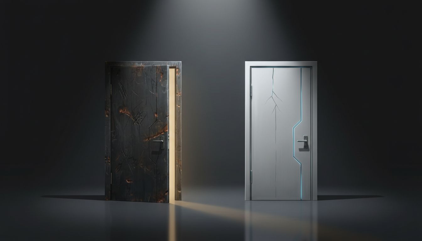 Two doors side by side, the first worn but sturdy, the second pristine but cracked