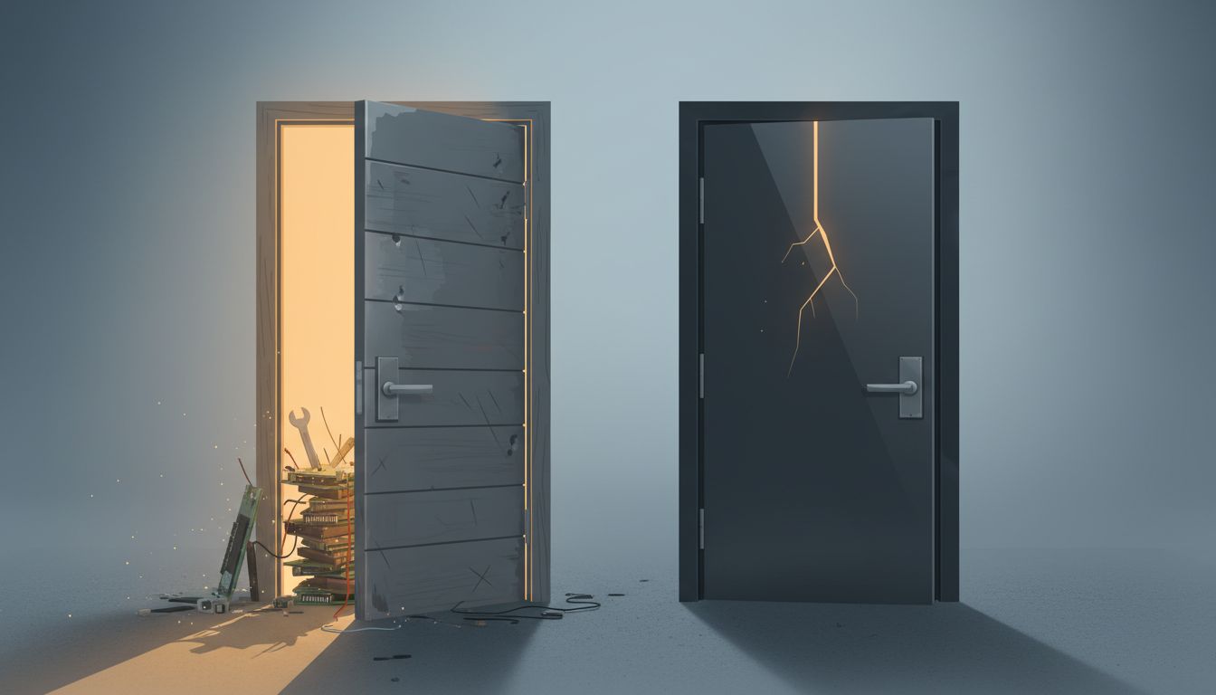 Two doors, one worn but open, one polished but cracked