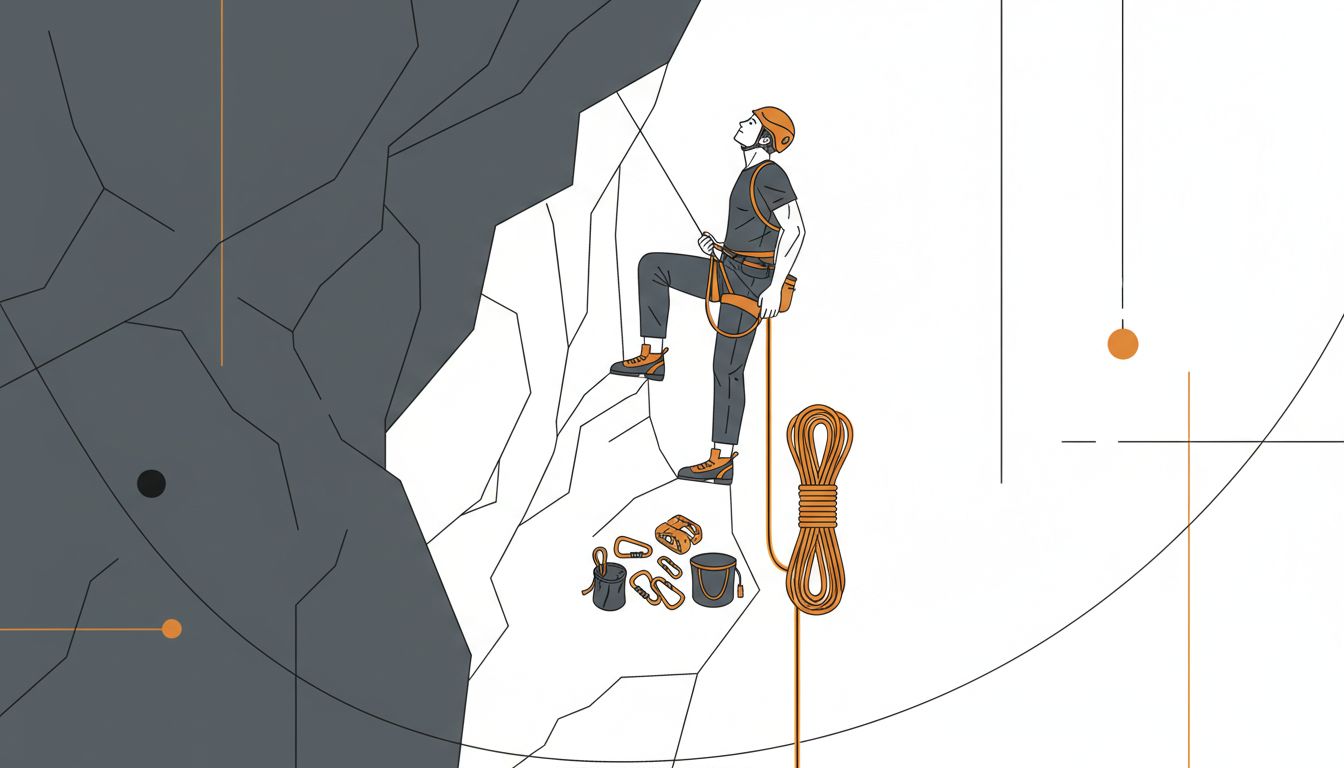 Climber near summit with safety rope left unused