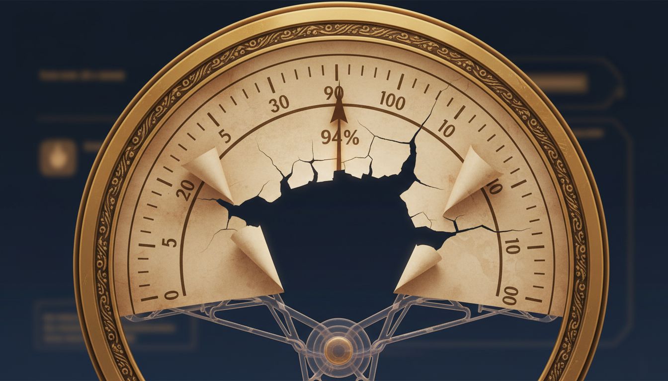 An ornate confidence dial pegged at high certainty, its face cracked and hollow underneath