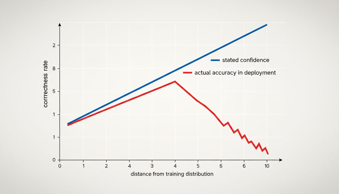 A calibration diagram showing stated confidence and actual accuracy diverging as data moves away from training distribution