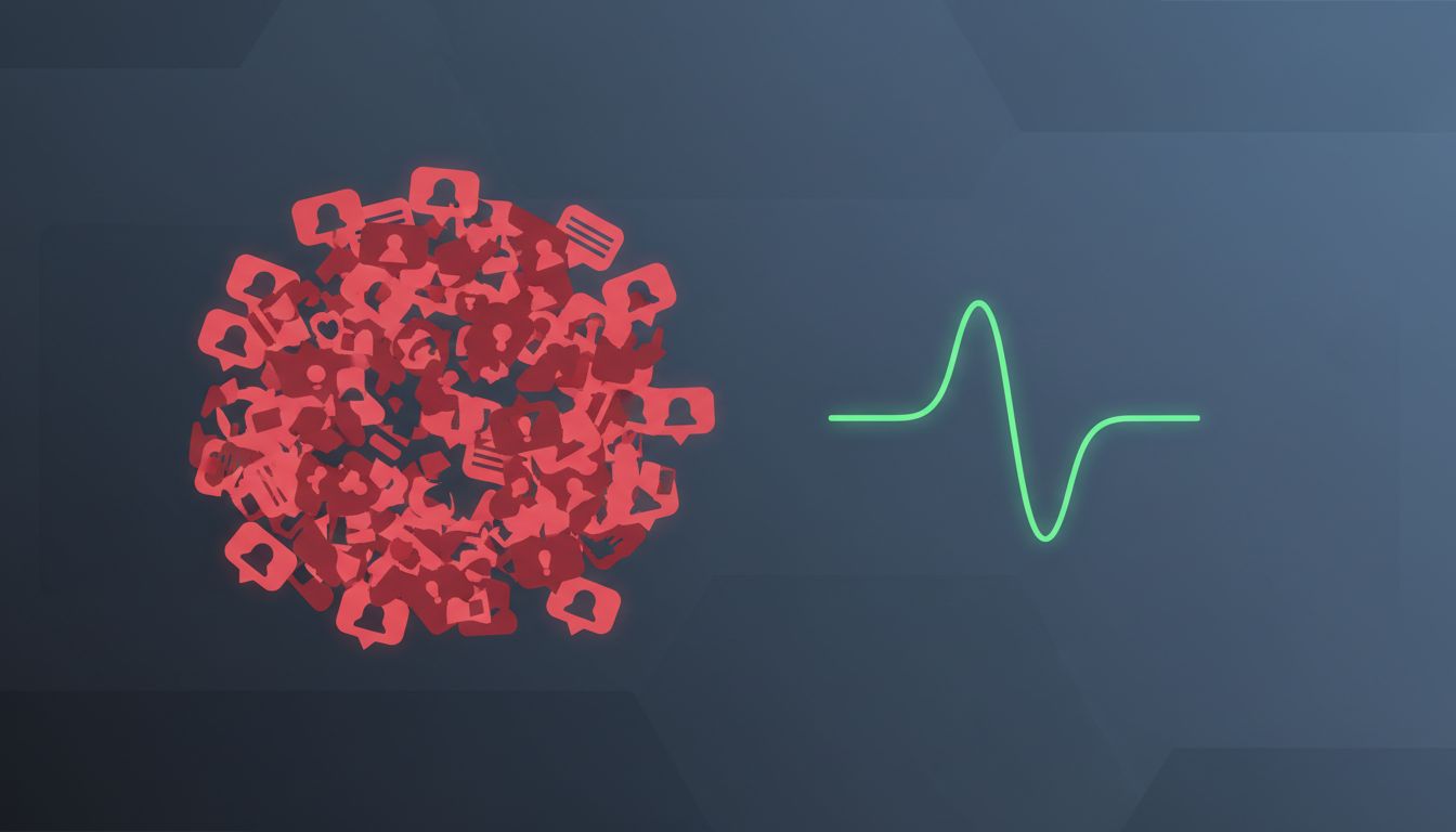 Illustration contrasting noisy complaint signals with a quiet, steady signal representing satisfied customers