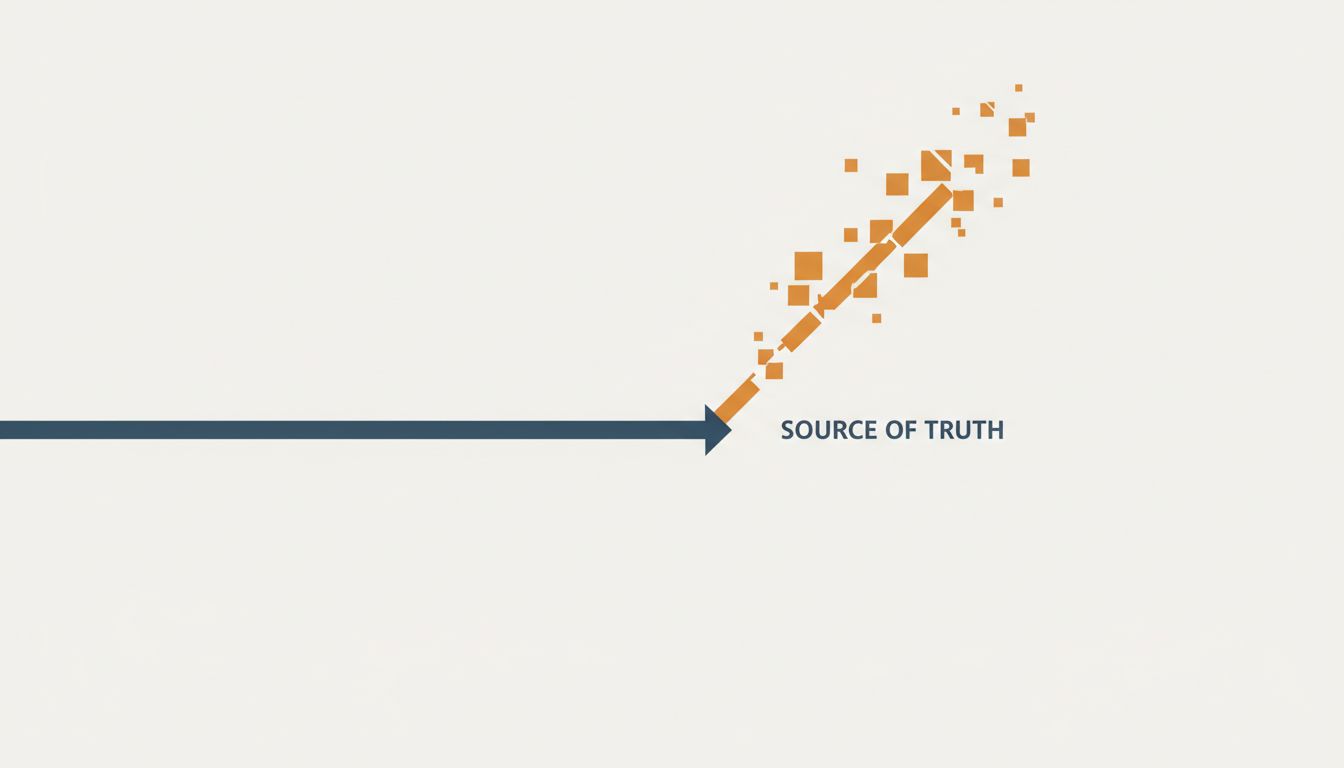 Diagram showing a cached copy of data diverging from the source of truth over time
