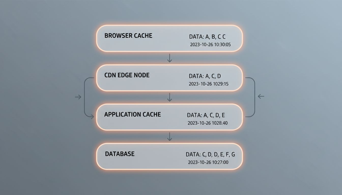 Illustration of multiple cache layers in a distributed system each holding different versions of the same data