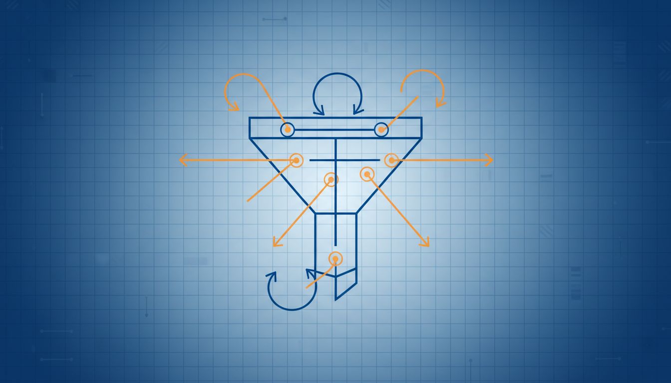 Abstract illustration of a funnel with unexpected customer paths flowing in multiple directions